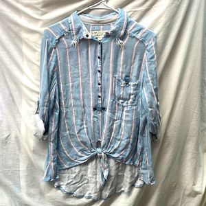 Vintage Havana Light Blue & Pink Striped Button-Front Tie-Hem Tunic